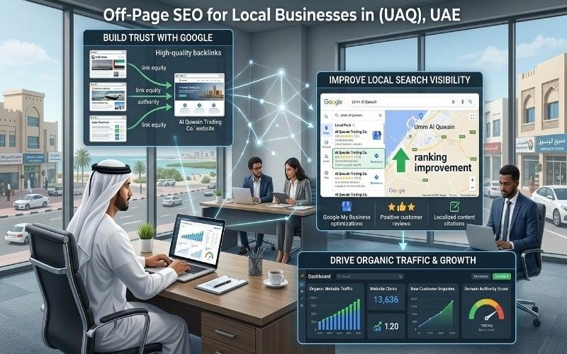 Realistic infographic showing how off page SEO UAE improves Google rankings, local search visibility, backlinks, and organic traffic for businesses in Umm Al Quwain.