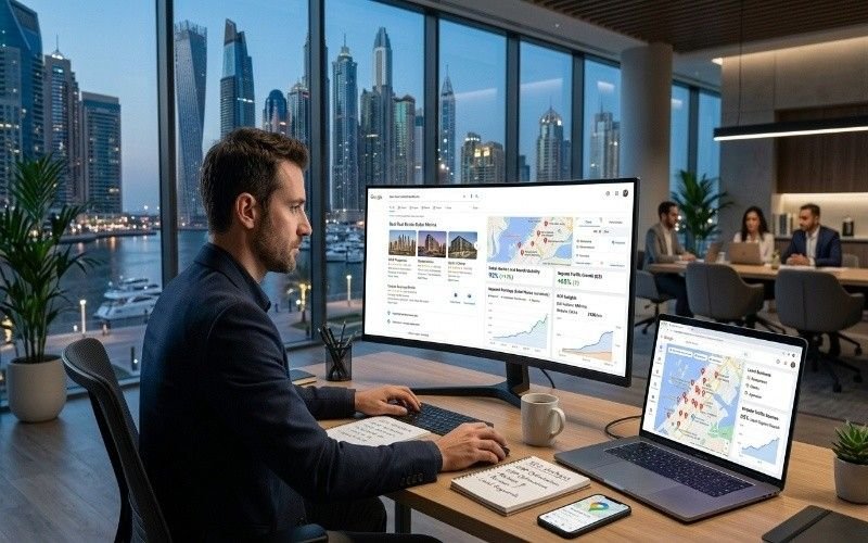 Man working on SEO analytics dashboard with Google Maps and ranking data on dual screens in a modern office overlooking Dubai Marina skyline, representing services from the Best SEO Company in Dubai Marina.
