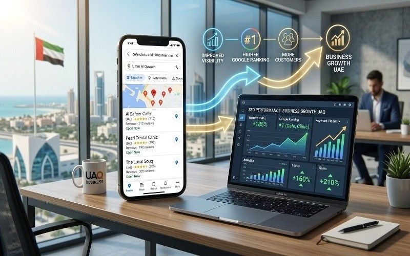 Local SEO UAE concept showing Google Maps searches mobile visibility and business growth in Umm Al Quwain through SEO services and online rankings