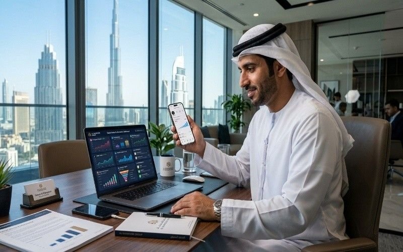 Business professional in a Dubai office using a smartphone and laptop to monitor analytics and manage campaigns for Social media management Dubai services with Dubai skyline view.