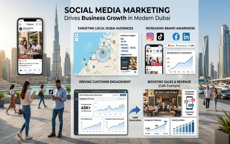 Social media marketing Dubai infographic showing mobile users, social media platforms, audience targeting, and online business growth UAE through social media campaigns Dubai.