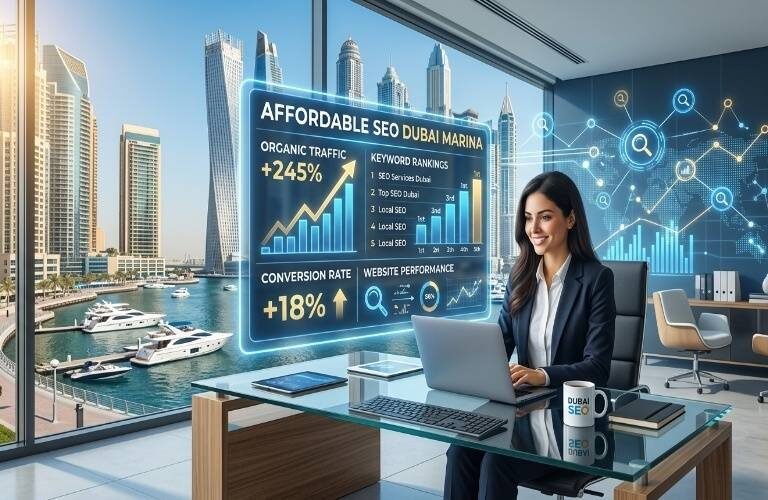 Businesswoman working in a modern office with SEO performance dashboard showing organic traffic growth, keyword rankings, and conversion rate improvements for Dubai Marina SEO services.