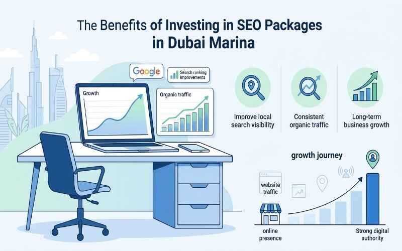 SEO infographic showing business growth benefits of investing in SEO Packages in Dubai Marina with charts, traffic insights, and digital marketing visuals.