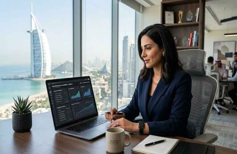 Professional SEO consultant analyzing website performance in a modern Dubai office with Burj Al Arab view – Best SEO Company in Jumeirah.