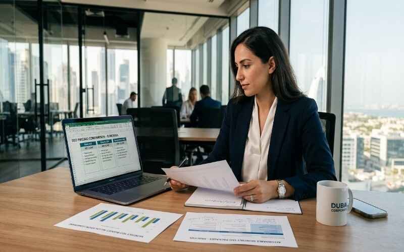 SEO consultant reviewing pricing reports and digital marketing data in a modern Dubai office – Best SEO Company in Jumeirah.