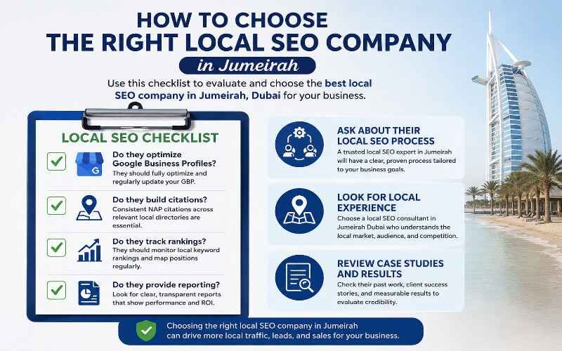 Local SEO checklist infographic for choosing the best agency, featuring tips and steps, related to Local SEO Services in Jumeirah.