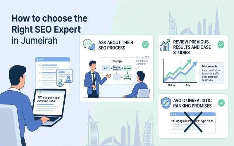 SEO Experts in Jumeirah ke liye guide infographic jo right SEO expert choose karne ke steps batata hai.