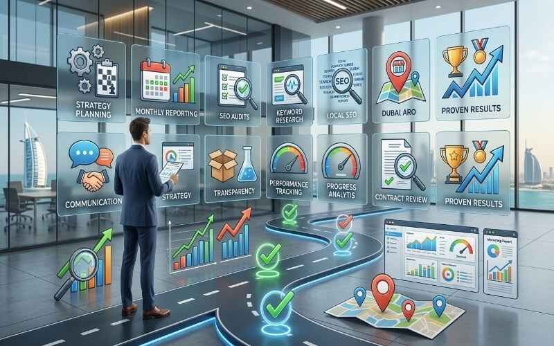 SEO Packages in Jumeirah digital marketing strategy dashboard showing SEO planning, analytics, keyword research, and performance tracking.