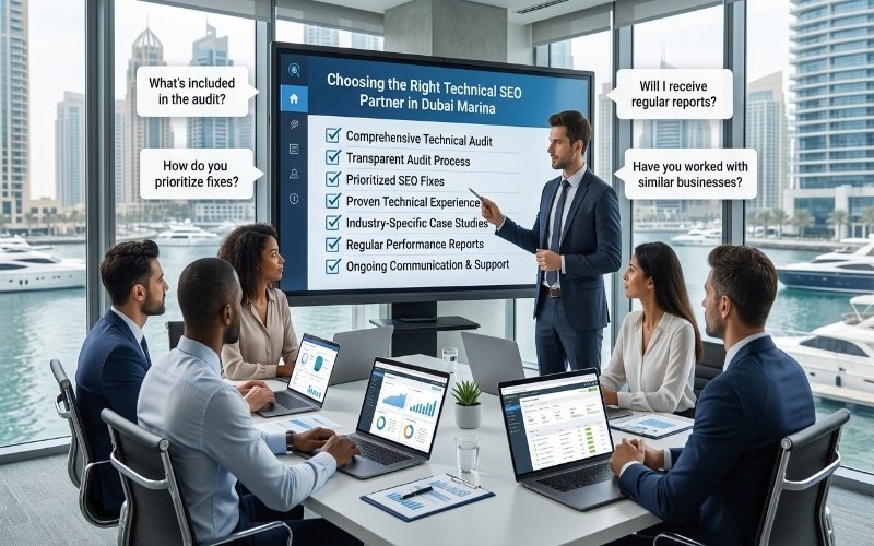 Business meeting discussing Technical SEO Services in Dubai Marina, focusing on technical audits, SEO fixes, reporting, and choosing the right SEO partner.