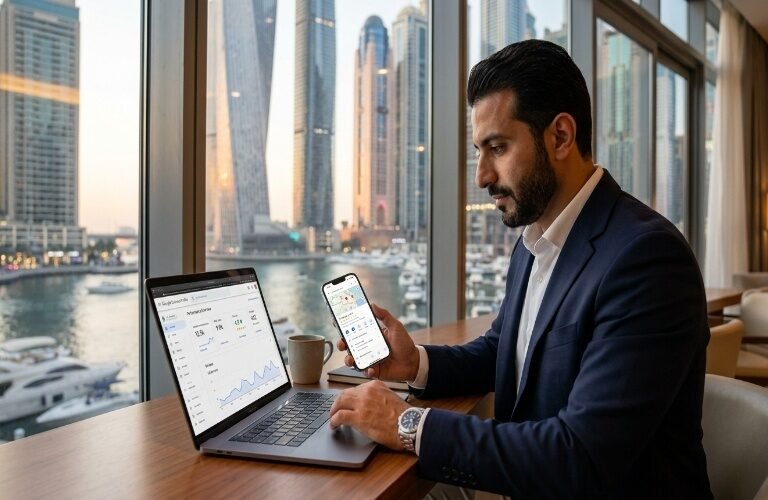 A professional businessman working on a laptop and smartphone while analyzing digital marketing and analytics data in a modern office with Dubai Marina skyline in the background, representing Local SEO Services in Dubai Marina.