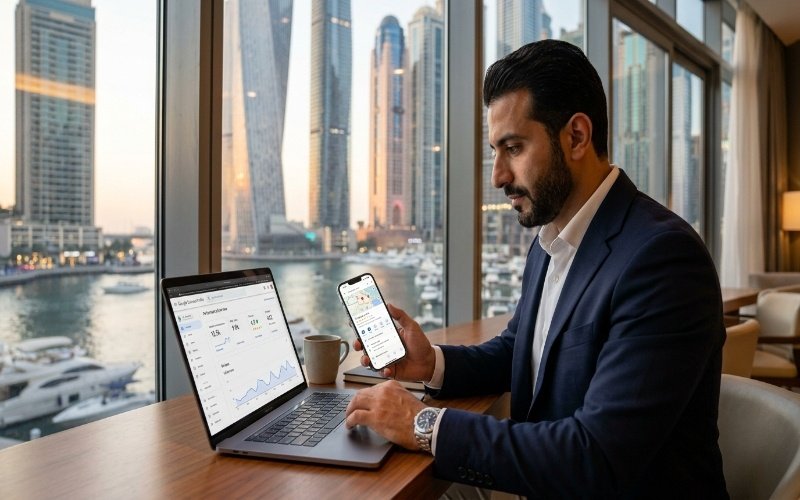 A professional businessman working on a laptop and smartphone while analyzing digital marketing and analytics data in a modern office with Dubai Marina skyline in the background, representing Local SEO Services in Dubai Marina.