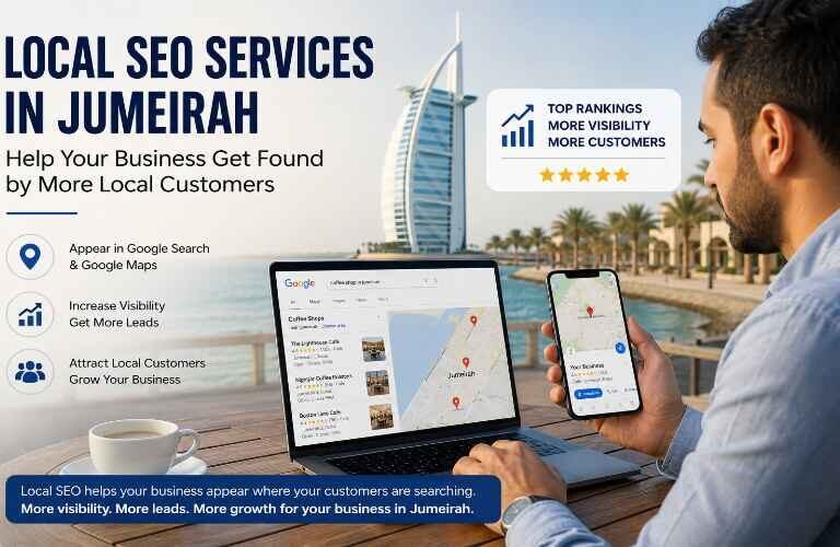 Local SEO Services in Jumeirah showing business visibility on Google Maps and search results.