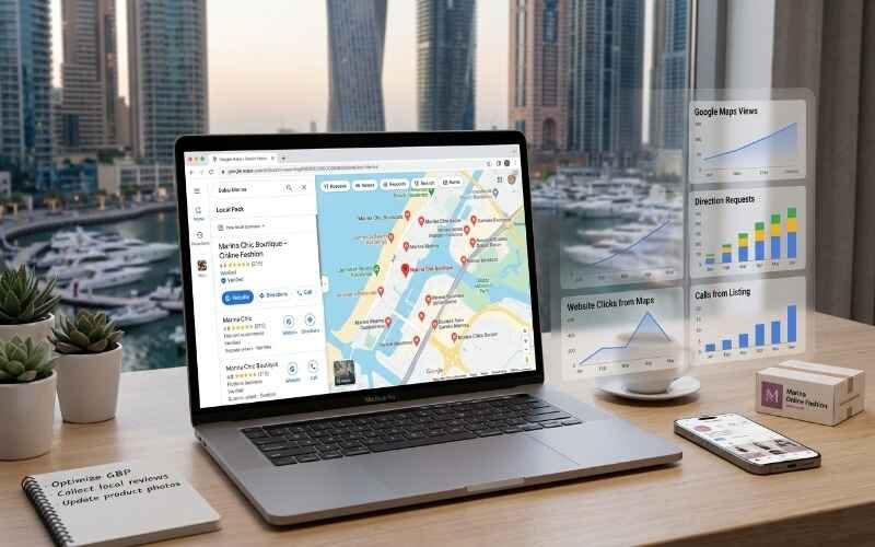 Laptop displaying local search analytics and maps for Ecommerce SEO in Dubai Marina, helping improve online visibility and traffic.