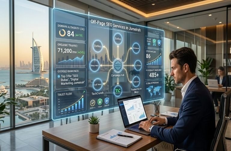 Off-Page SEO Services in Jumeirah: Build Authority and Improve Google Rankings dashboard with backlink and SEO performance analytics.