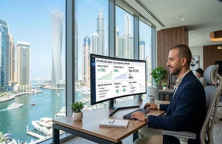 Modern office scene with a digital dashboard showing analytics, representing On-Page SEO Services in Dubai Marina.