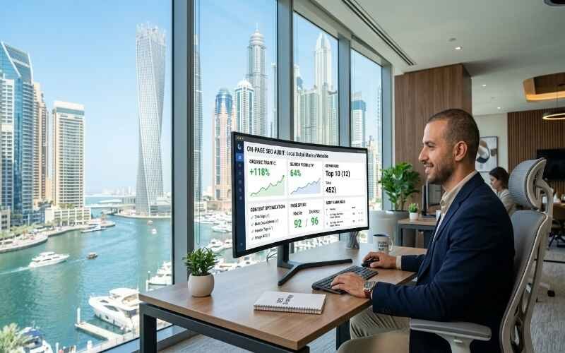 Modern office scene with a digital dashboard showing analytics, representing On-Page SEO Services in Dubai Marina.