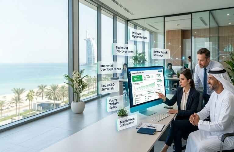On-Page SEO Services in Jumeirah team improving website performance, user experience, and search rankings for local businesses.