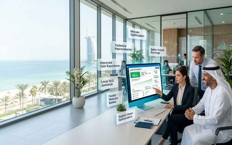 On-Page SEO Services in Jumeirah team improving website performance, user experience, and search rankings for local businesses.