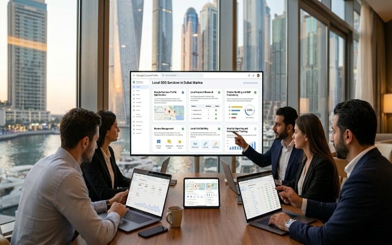 Team meeting in a modern office with Dubai skyline view, discussing analytics on a screen showing Local SEO Services in Dubai Marina dashboard and performance charts.