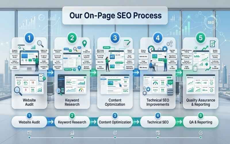 Our On-Page SEO Services in Jumeirah process, including website audit, keyword research, content optimization, technical SEO, and reporting.