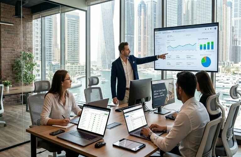 Team of SEO Experts in Dubai Marina working in a modern office, analyzing digital marketing charts and SEO performance data on screens with Dubai skyline in background.