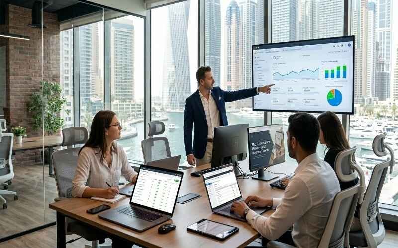 Team of SEO Experts in Dubai Marina working in a modern office, analyzing digital marketing charts and SEO performance data on screens with Dubai skyline in background.