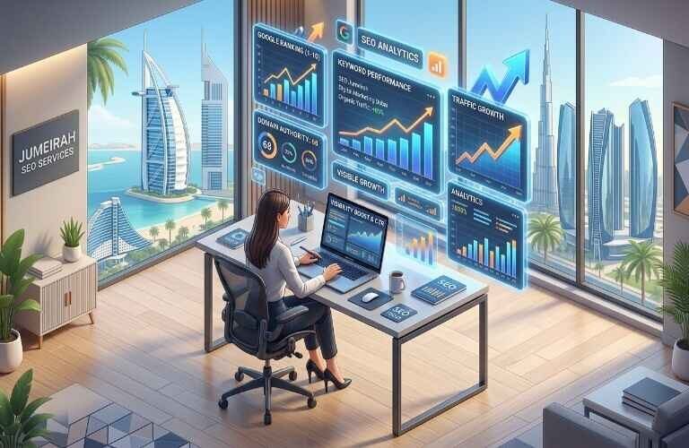 SEO Experts in Jumeirah working on digital marketing analytics in a modern office with Dubai skyline view and SEO performance dashboards on screens.
