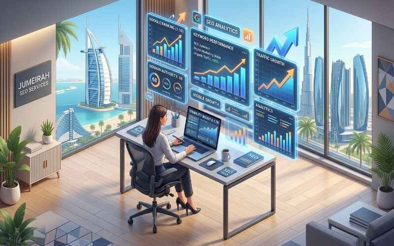 SEO Experts in Jumeirah working on digital marketing analytics in a modern office with Dubai skyline view and SEO performance dashboards on screens.