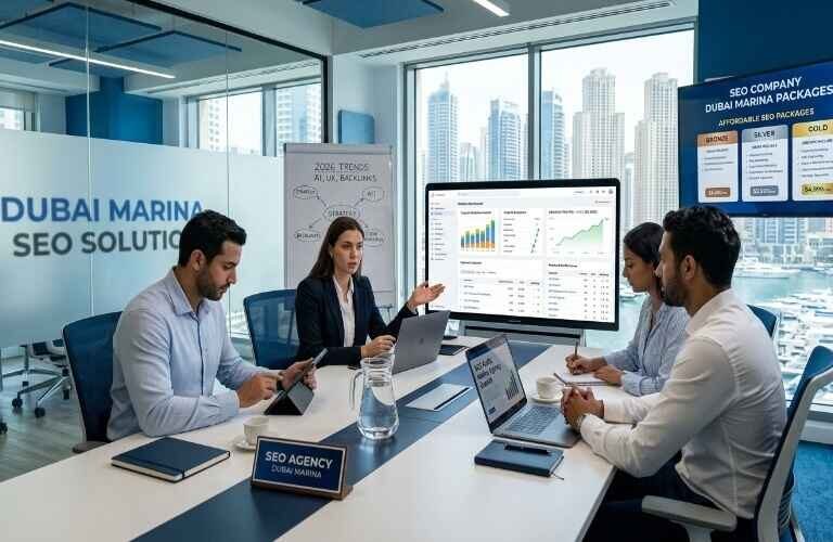 Team of professionals discussing SEO strategy in a modern office with analytics dashboard on screen, representing SEO Packages in Dubai Marina services focused on business growth and online visibility.