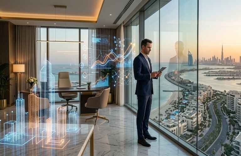 Professional consultant reviewing digital growth analytics from a luxury office with Dubai coastline views, highlighting SEO Packages in Jumeirah for business growth.