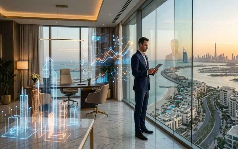 Professional consultant reviewing digital growth analytics from a luxury office with Dubai coastline views, highlighting SEO Packages in Jumeirah for business growth.