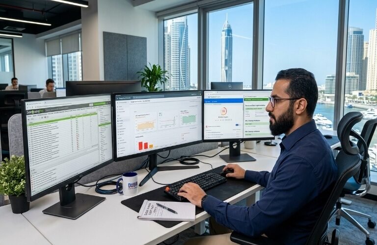 Professional analyzing SEO dashboards as part of Technical SEO Services in Dubai Marina in a modern office setting.