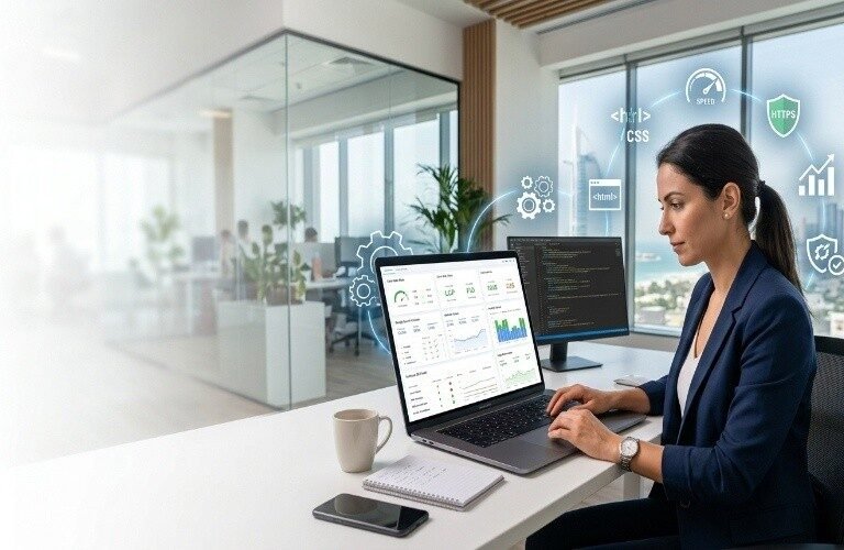Technical SEO Services in Jumeirah expert improving website performance, security, and search rankings on a laptop.