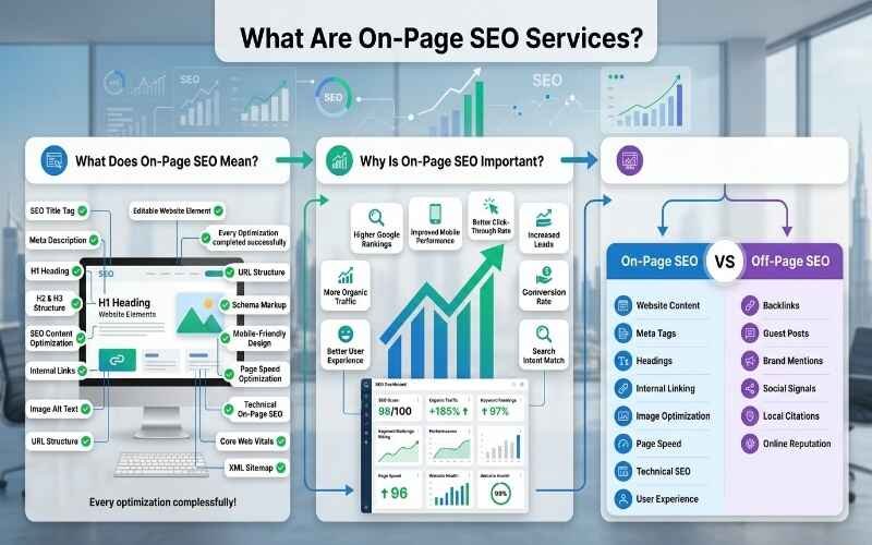 Infographic explaining On-Page SEO Services in Jumeirah, including meta tags, headings, internal links, page speed, and technical SEO.