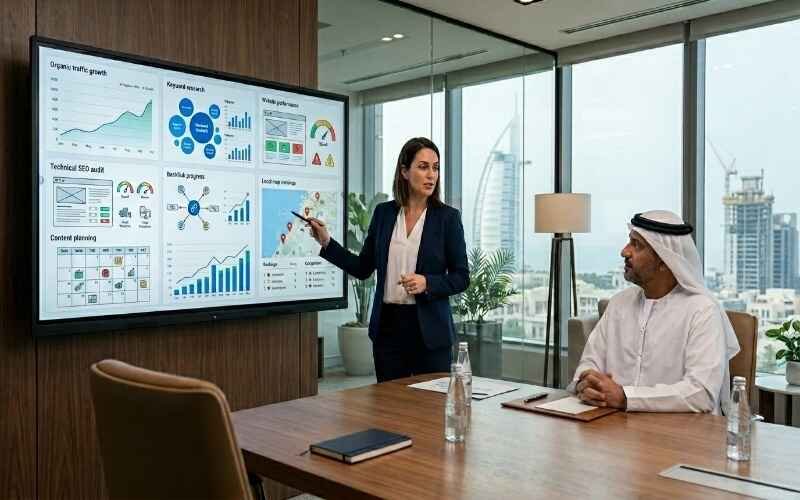 Business meeting in modern office where a woman is presenting SEO analytics dashboard on screen to a client, related to SEO Packages in Jumeirah.