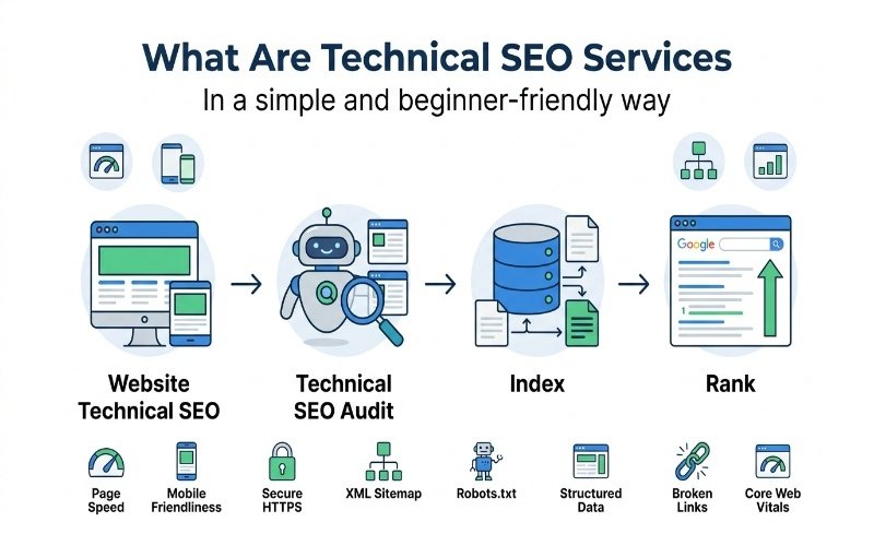 Technical SEO Services in Jumeirah infographic showing website audit, indexing, sitemap, and ranking process.