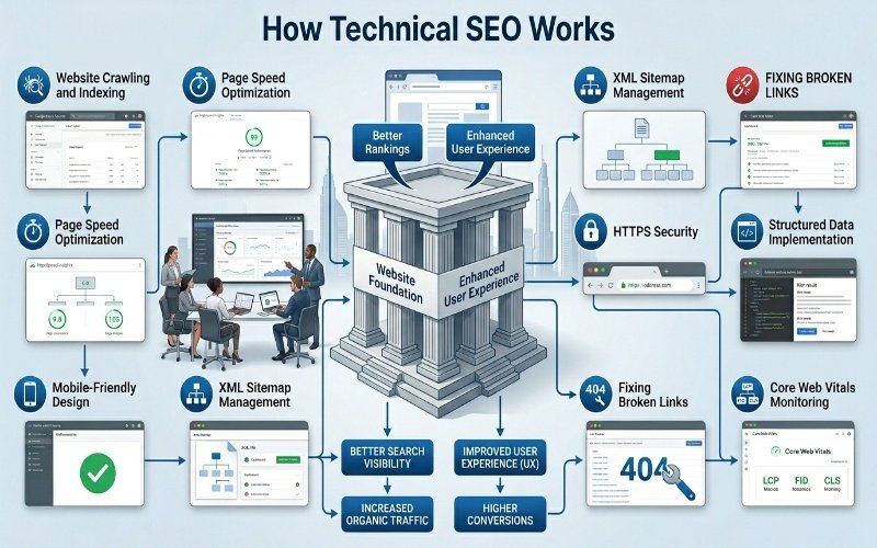 Infographic explaining Technical SEO Services in Dubai Marina, including website crawling, page speed optimization, XML sitemaps, HTTPS security, and Core Web Vitals monitoring.