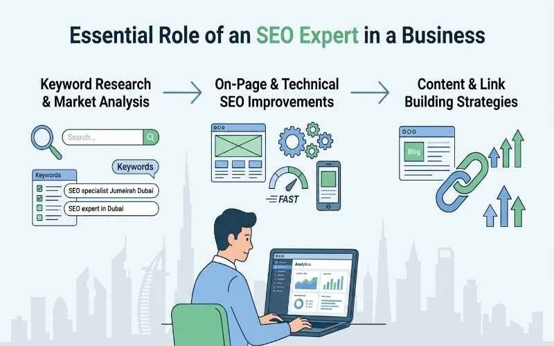 SEO Experts in Jumeirah workflow infographic showing keyword research, on-page SEO, and link building strategies.
