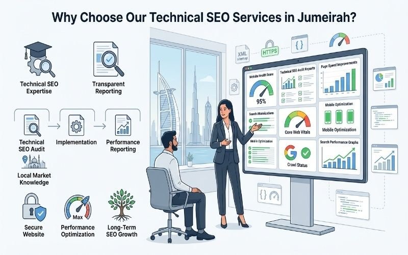 Technical SEO Services in Jumeirah with SEO audit, performance reporting, and website optimization.