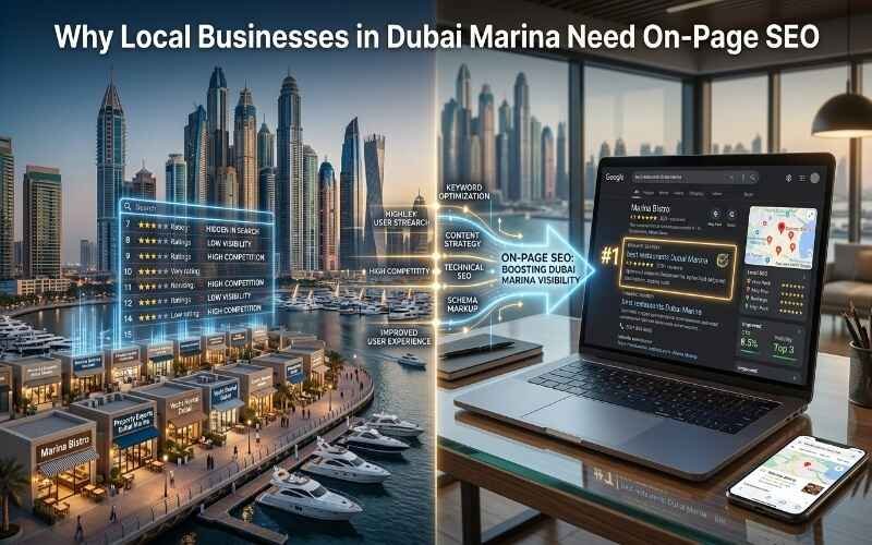 Dubai Marina skyline with SEO dashboard illustration showing how On-Page SEO Services in Dubai Marina help local businesses improve visibility and rankings.