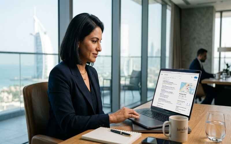 SEO expert working on search engine optimization strategies in a modern Dubai office with Burj Al Arab view – Best SEO Company in Jumeirah.