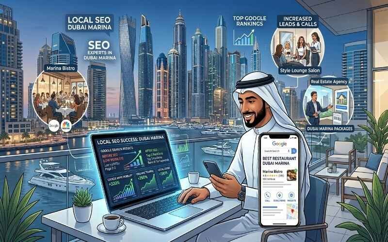Dubai Marina skyline office scene showing SEO expert working on laptop and mobile analytics for business growth with keyword “SEO Packages in Dubai Marina” highlighted.