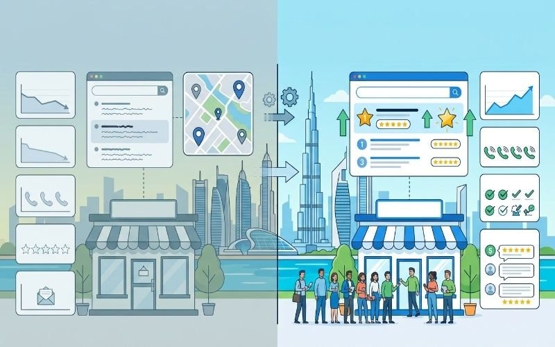Local SEO Services in Business Bay showing before and after business visibility growth in search results and maps.