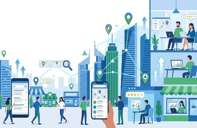 Local SEO Services in Business Bay concept showing digital maps, search results, and business growth icons in a modern city illustration.