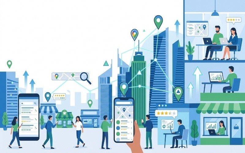 Local SEO Services in Business Bay concept showing digital maps, search results, and business growth icons in a modern city illustration.