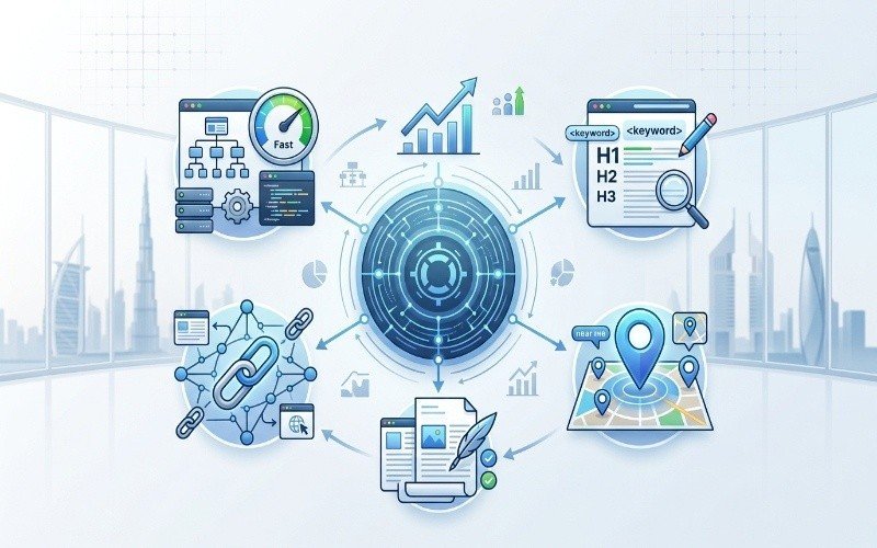 Best SEO Company in Business Bay illustrating SEO strategy components like technical SEO, on-page SEO, link building, and local SEO in a digital marketing diagram.