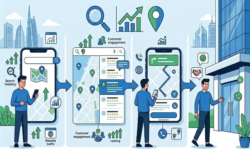 Local SEO Services in Business Bay concept showing mobile search, maps ranking, and customer engagement growth.