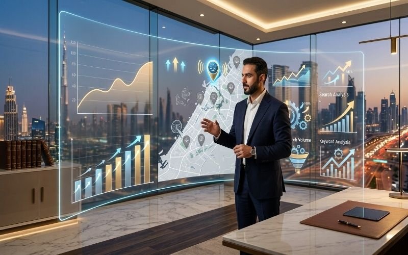 SEO for Lawyers Dubai strategy with legal professional analyzing search growth and digital marketing data.