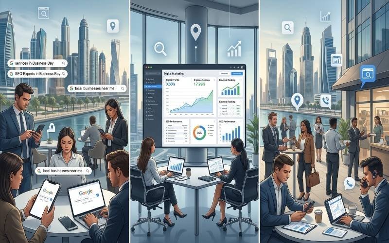 Best SEO Company in Business Bay showcasing digital marketing team analyzing SEO strategies, search rankings, and business growth in modern office setting.