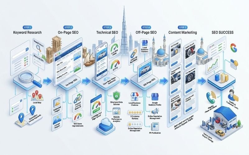SEO for Auto Repair Shops Dubai infographic showing keyword research, technical SEO, local SEO, content marketing, and business growth.